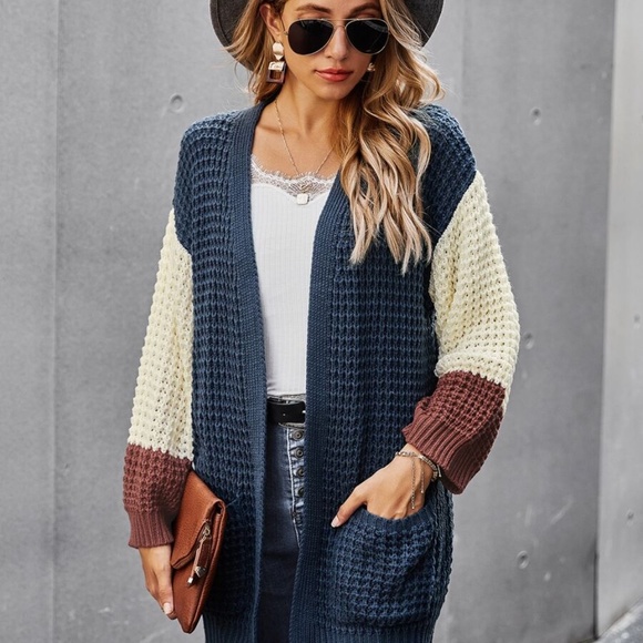 Color block chunky knit pocket open front cardigan - Picture 2 of 6